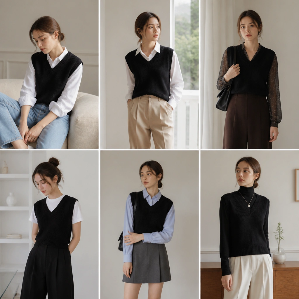 Beginner Black Sweater Vest Outfit Ideas