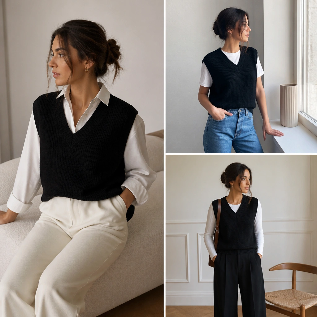 Beginner Black Sweater Vest Outfit Ideas
